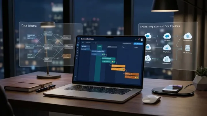 Modern executive digital workspace showing automated business workflows and data architecture