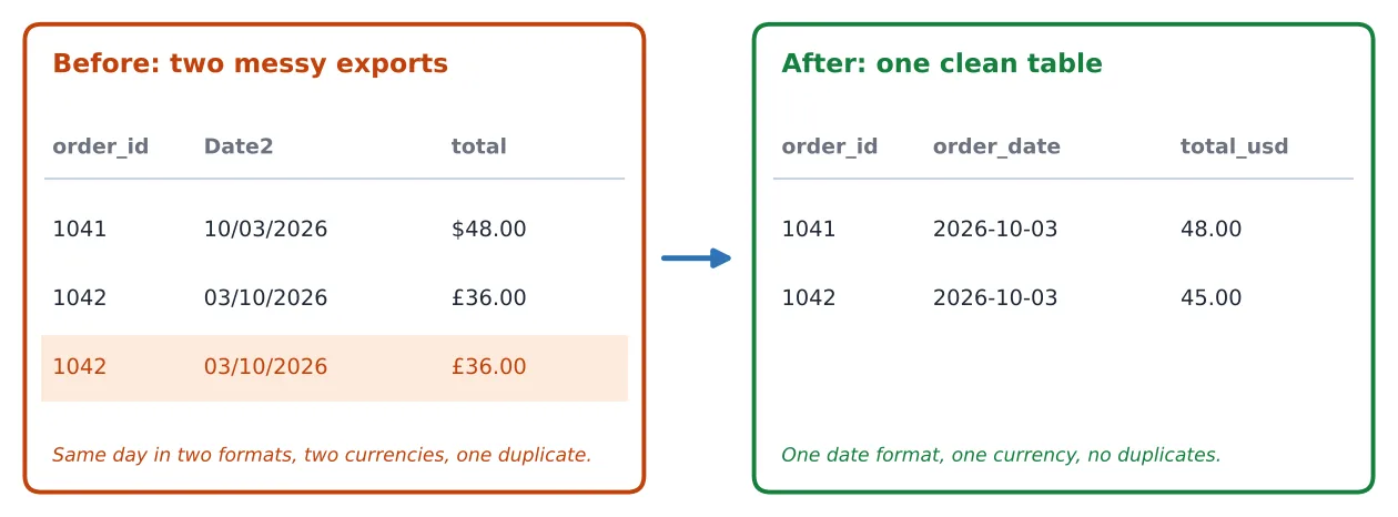 Before and after table: two exports with mixed date formats, pounds and dollars, and a duplicated order row, cleaned into one table with ISO dates, US dollars and no duplicates.
