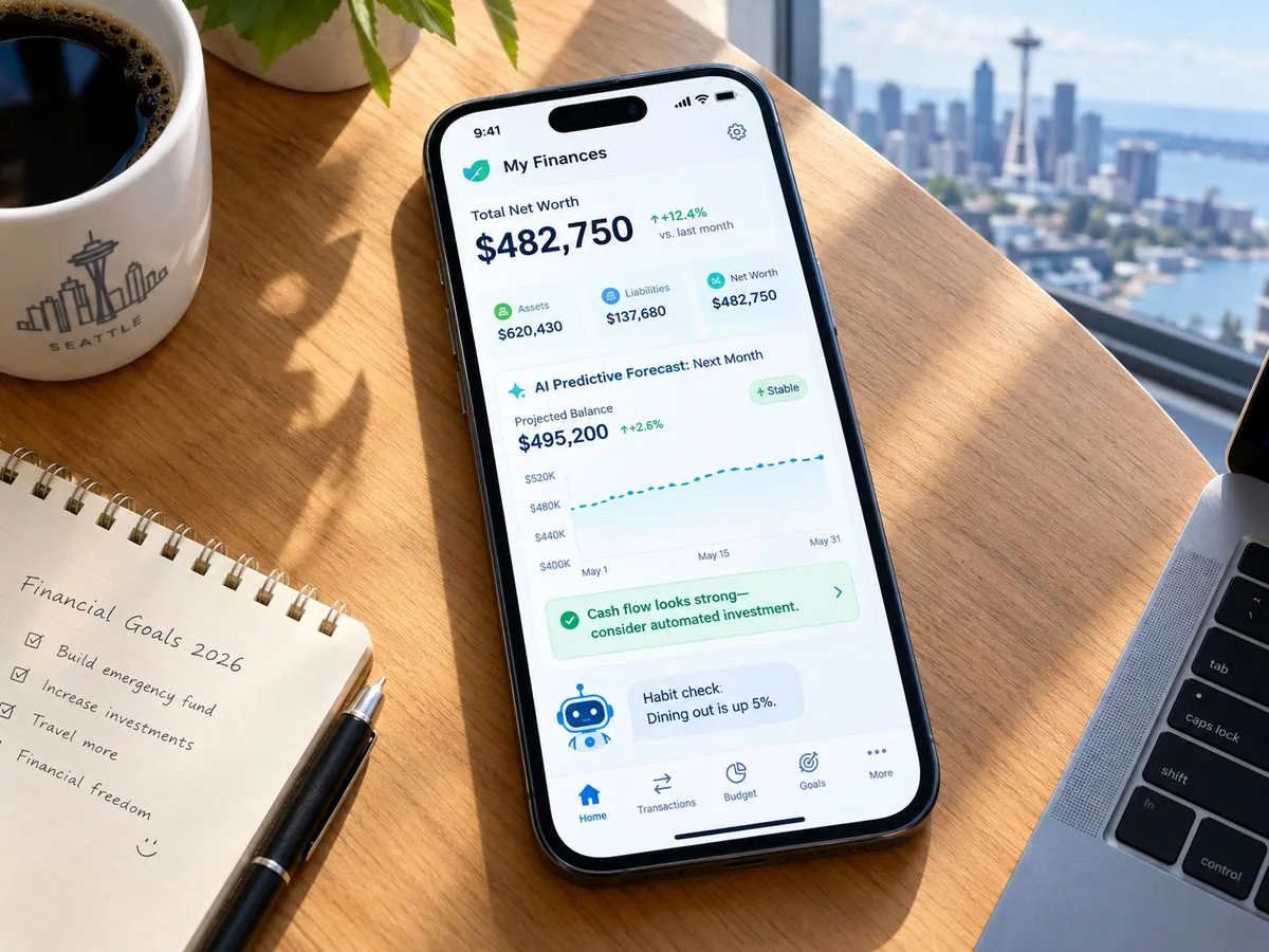 Illustrative mockup of a personal finance app showing a net worth figure and a projected balance chart on a smartphone