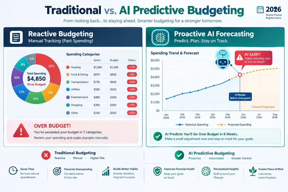 Illustrative comparison of reactive budgeting that tracks past spending versus a forecast chart that projects future spending