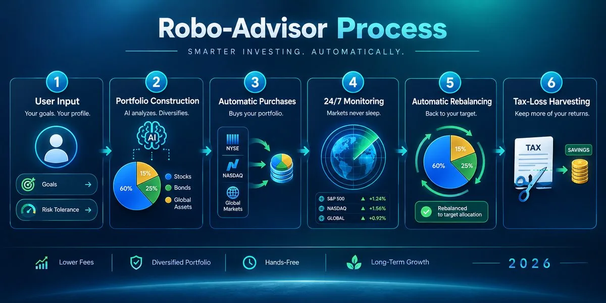Simplified six-step diagram of how a robo-adviser works, from user goals to portfolio building, buying, monitoring, rebalancing, and tax-loss harvesting