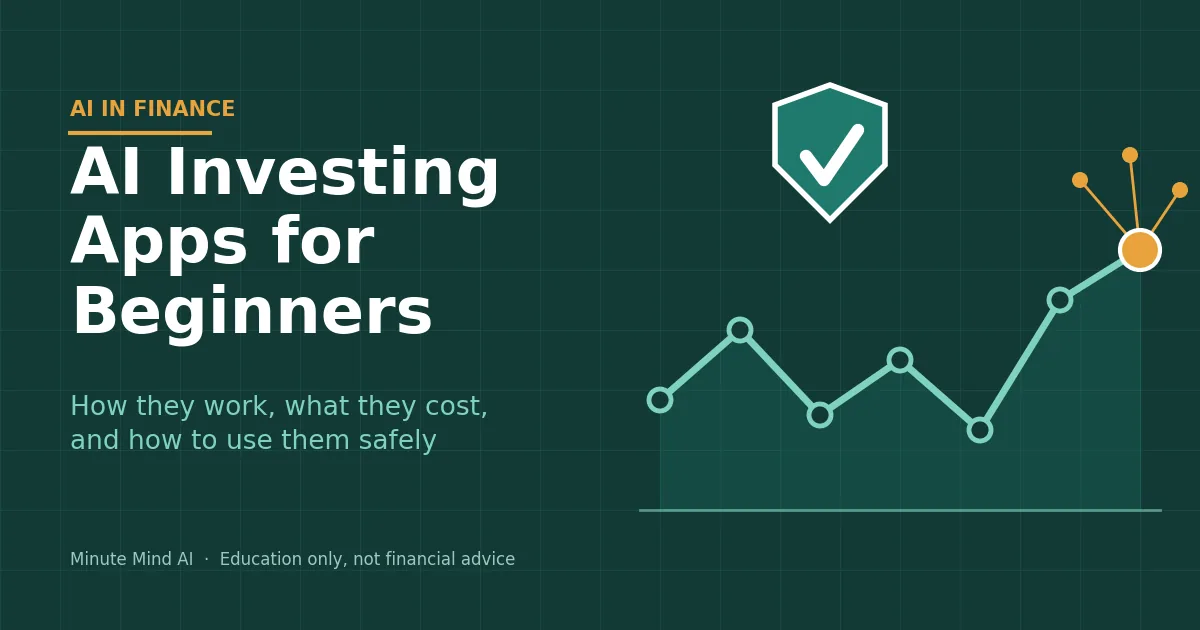 Illustration of a rising and falling line chart with a shield and checkmark, beside the title AI Investing Apps for Beginners
