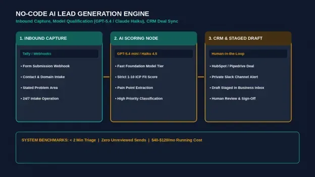 Digital workstation displaying an automated lead intake queue, AI ICP fit evaluation node, and CRM deal creation screen — illustrating no-code AI lead generation for small business