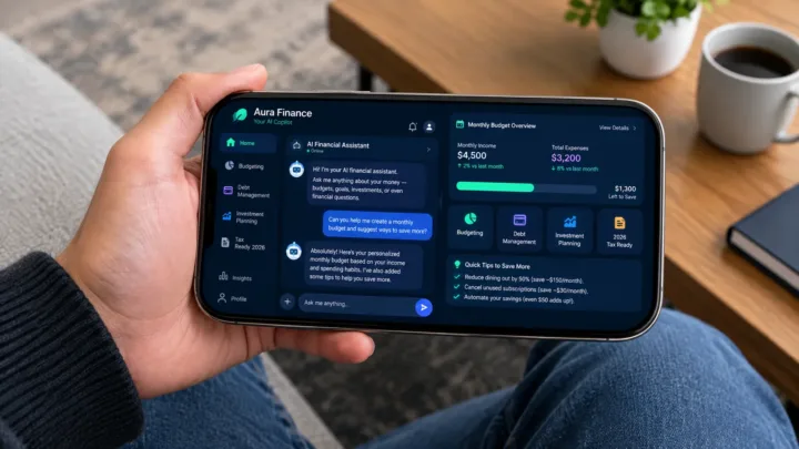 A person holding a smartphone showing an AI personal finance dashboard with interactive chat