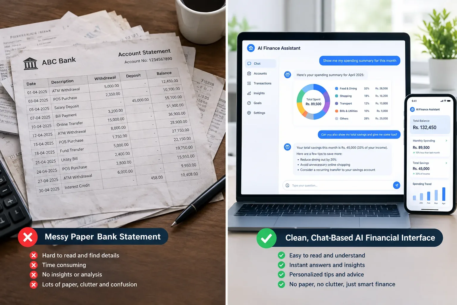 A split screen illustration comparing a messy paper bank statement to a clean, chat-based AI financial interface