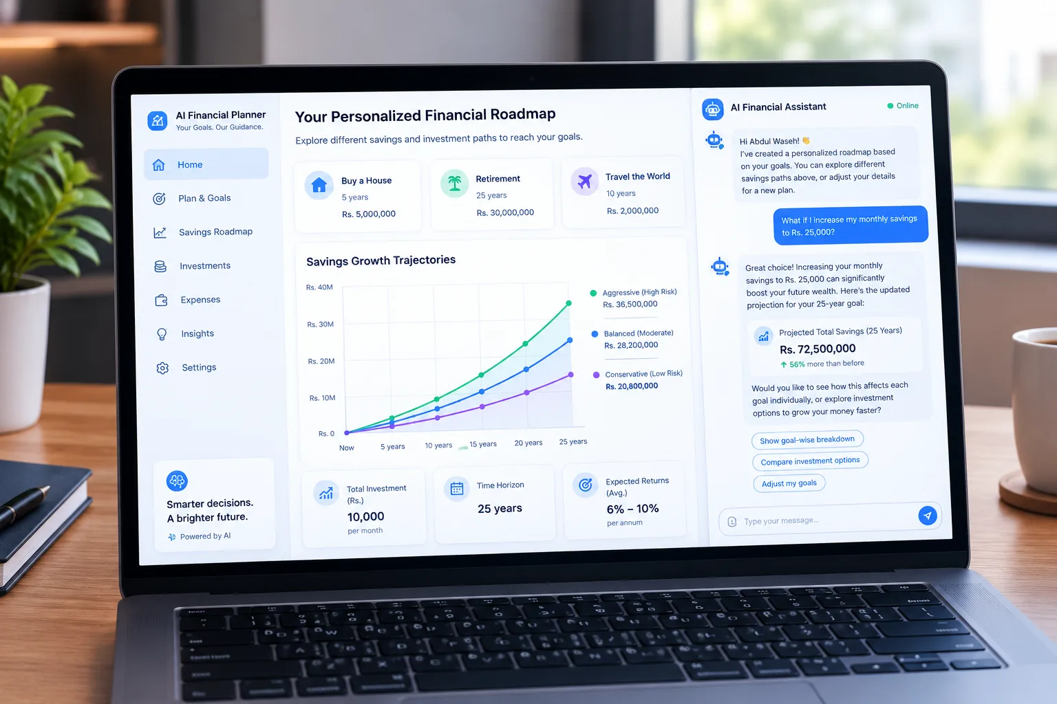 A computer screen displaying an interactive AI financial planning roadmap with different savings trajectories