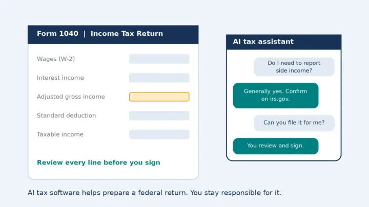 AI tax software on a laptop beside a tax form, with a reminder that the filer reviews and signs the return