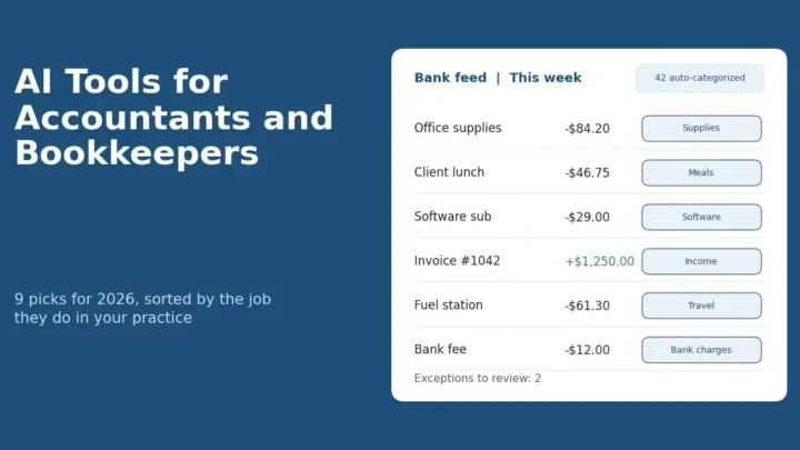 AI tools for accountants: a bookkeeper reviewing AI-categorized transactions on a laptop