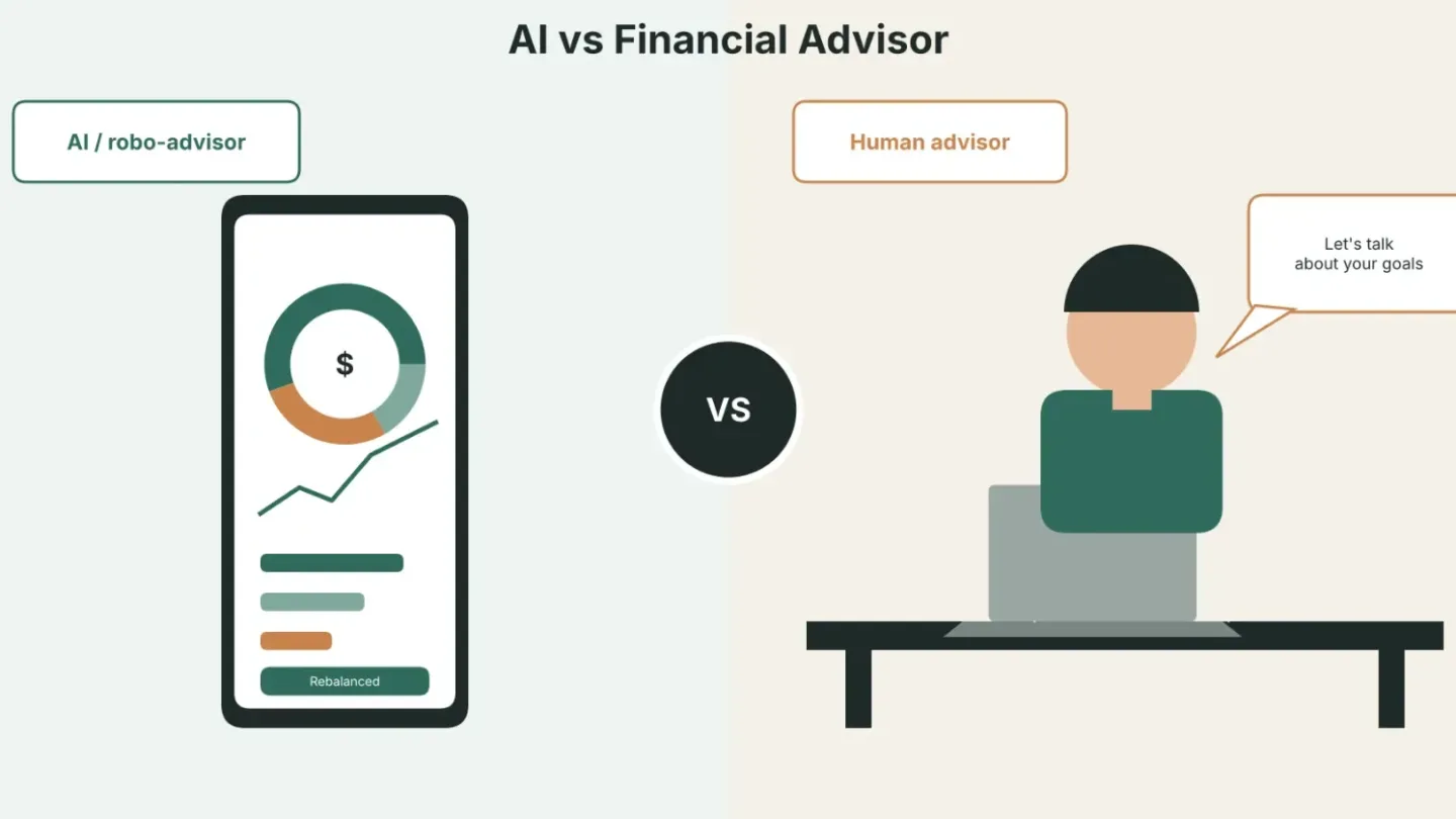 AI vs financial advisor: a robo-advisor app on a phone next to a human advisor reviewing a plan