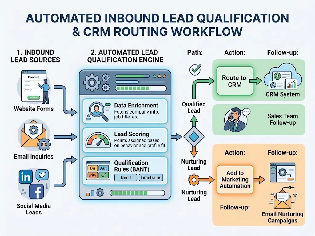 Step-by-step AI workflow: contact form submission triggers LLM analysis, which scores the lead and either creates a high-priority HubSpot deal or drafts a polite rejection email