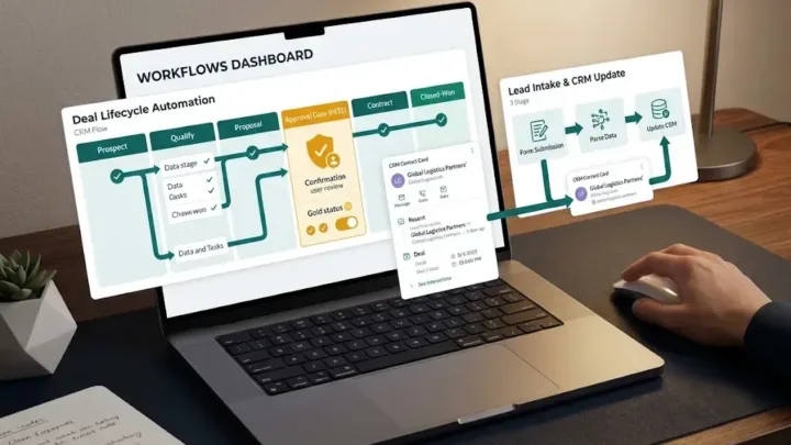 Modern digital workspace displaying multiple automated business workflows and CRM cards