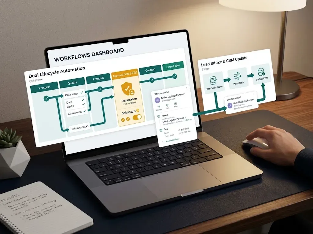 Modern digital workspace displaying multiple automated business workflows and CRM cards