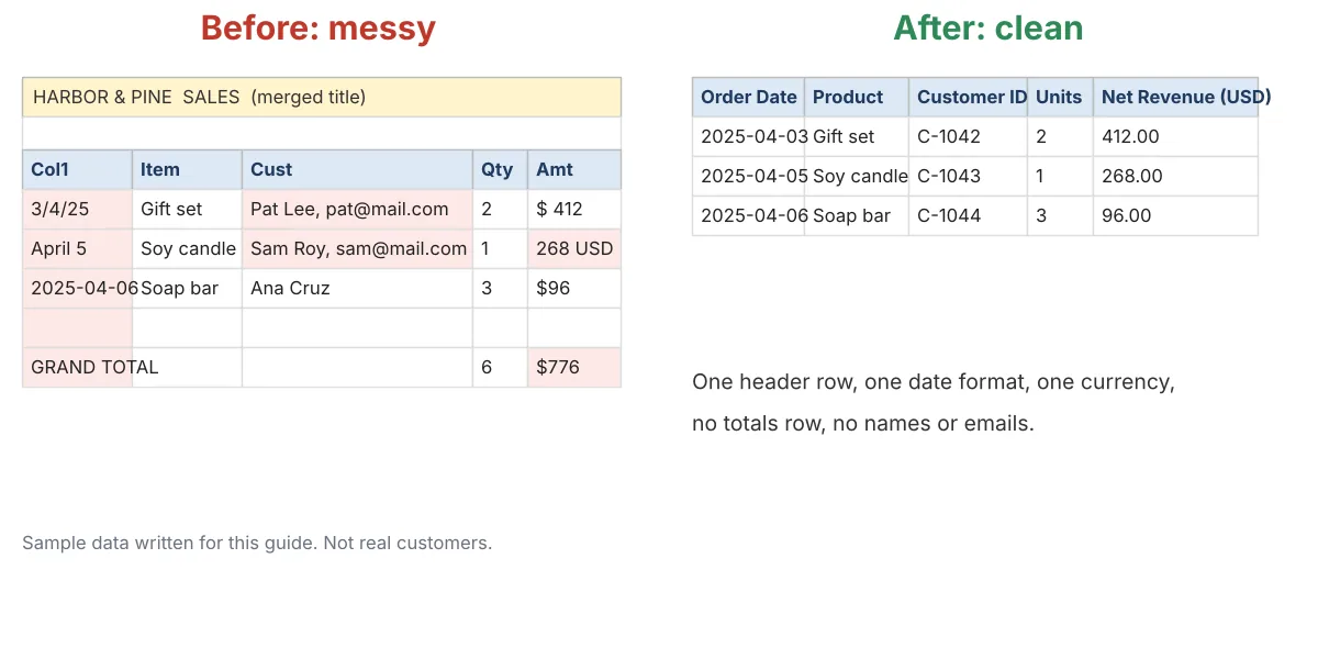 Side-by-side sample spreadsheets. The messy one has a merged title, mixed date formats, names and emails, and a grand total row. The clean one has one header row, consistent dates, customer IDs and no totals row.
