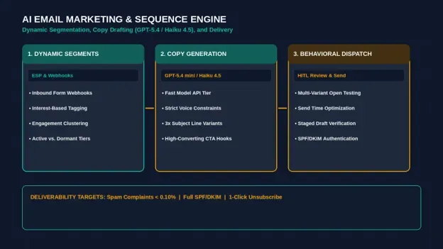 Digital workstation displaying an automated AI email sequence builder and dynamic list segmentation dashboard — illustrating how to automate email marketing with AI
