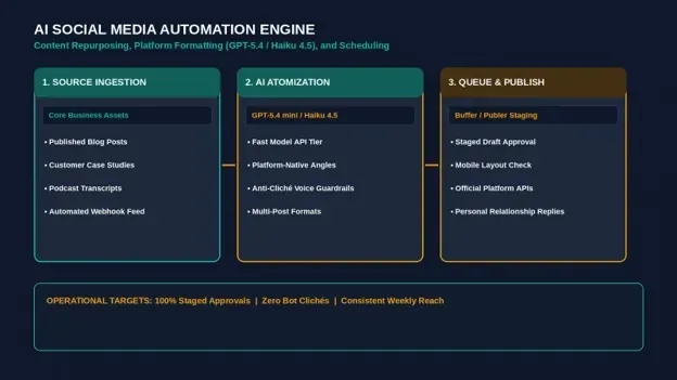 Digital workstation displaying an automated social media scheduler, AI content calendar matrix, and cross-platform repurposing queue — illustrating how to automate social media with AI