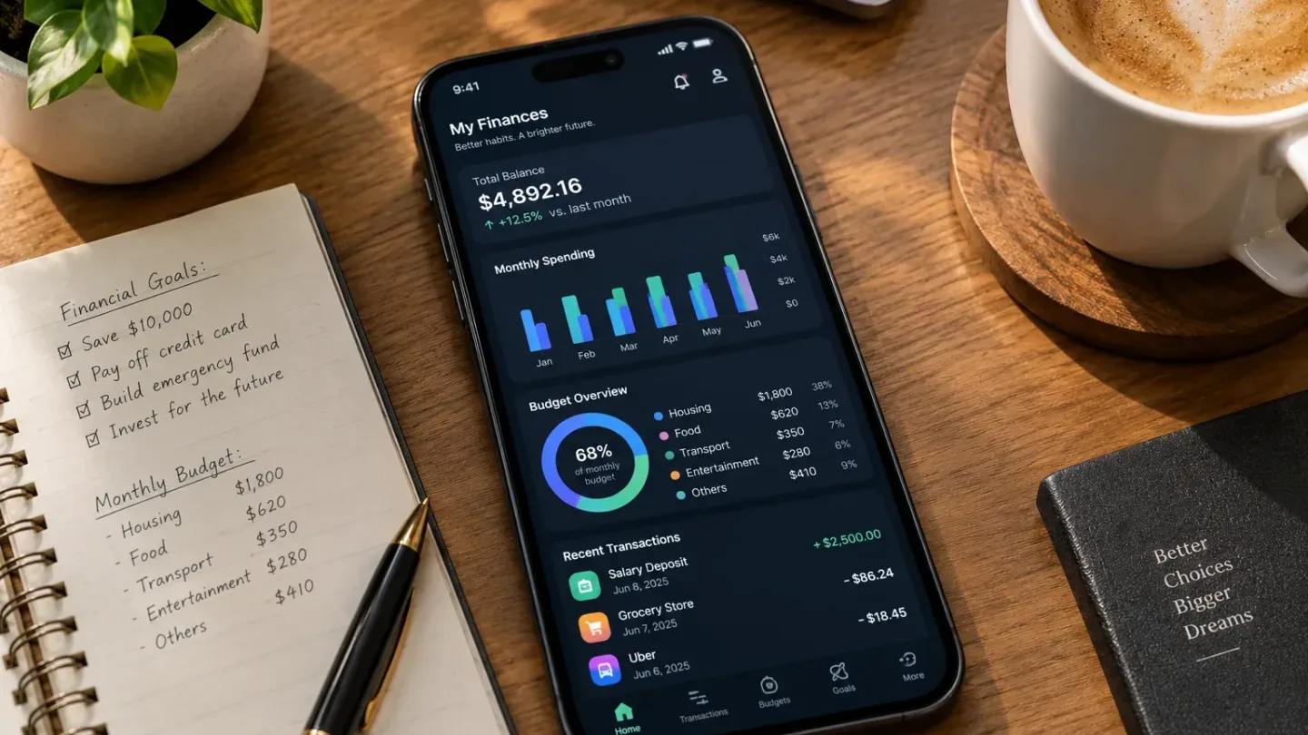 A typical AI budgeting app dashboard: total balance, monthly spending trends, and a category-by-category budget breakdown.