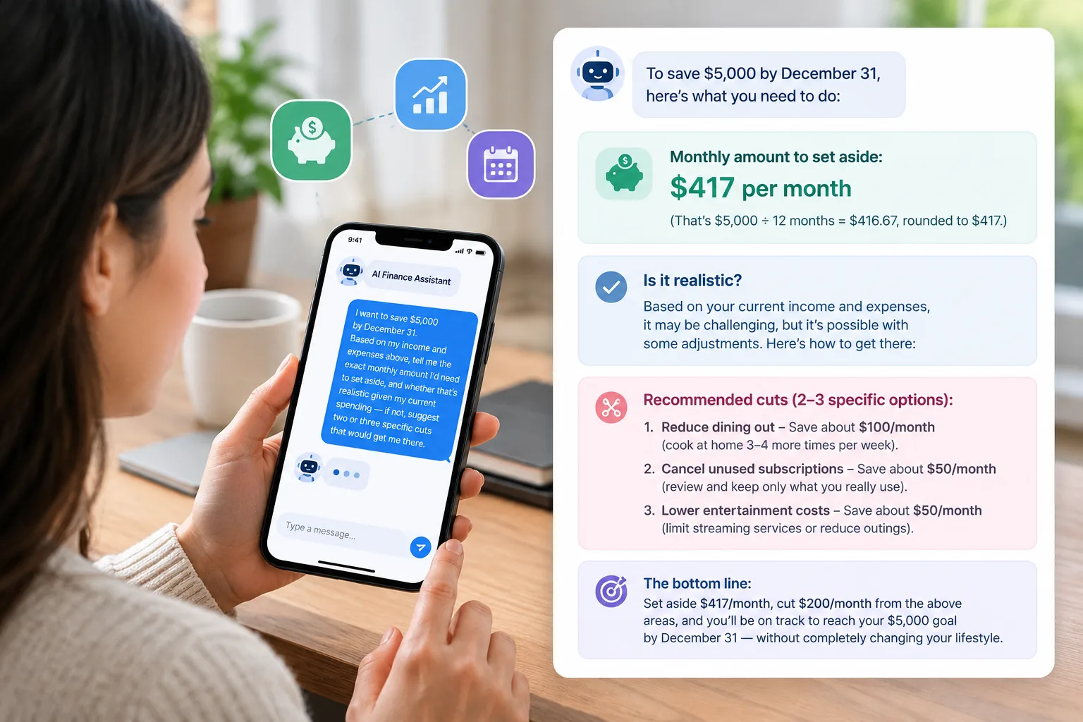 An illustrative example of a savings-goal breakdown from Prompt 3 — not an actual product screenshot.