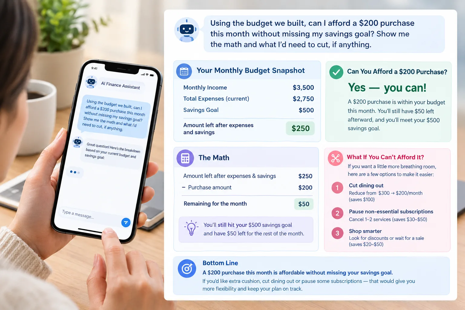 An illustrative example of a “can I afford it” scenario check from Prompt 5 — not an actual product screenshot.
