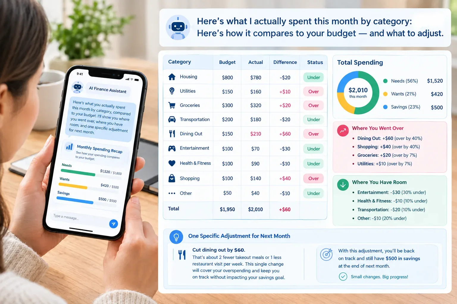 An illustrative example of a monthly review comparison from Prompt 6 — not an actual product screenshot.