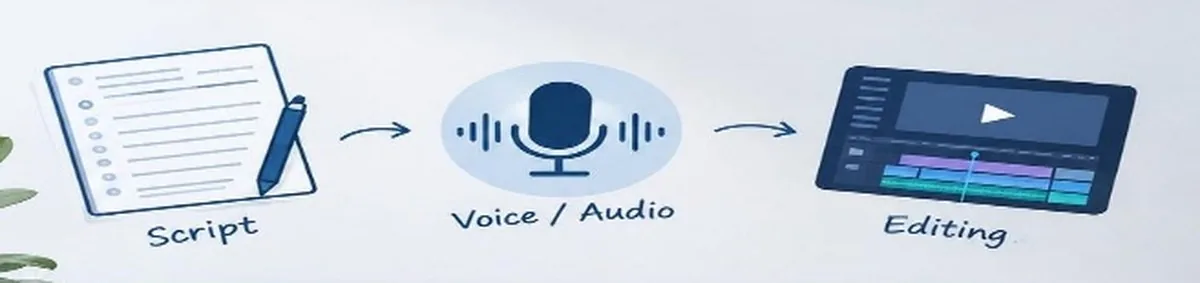 Simple illustration of three steps in making a faceless video: a script, a voice or audio recording, and video editing.