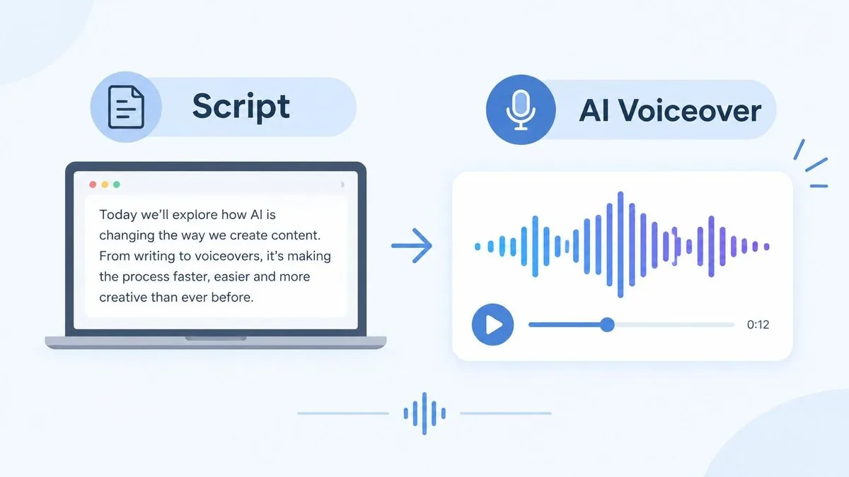 Illustration showing a written script on a laptop screen next to an AI voiceover audio waveform with a play button.