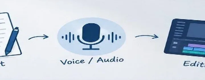 Simple illustration of three steps in making a faceless video: a script, a voice or audio recording, and video editing.