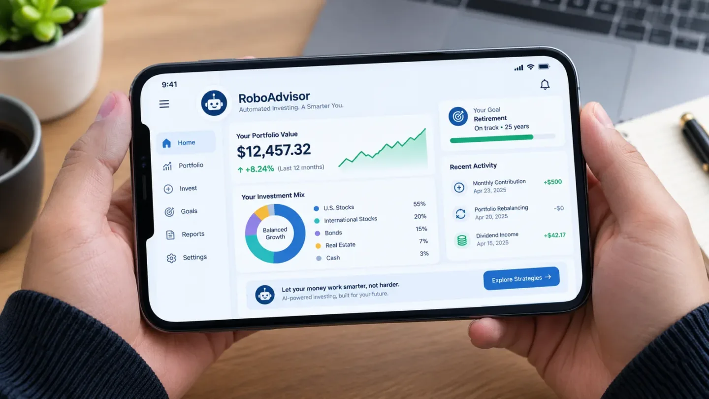 A person holding a smartphone displaying a robo-advisor automated investment platform interface, showing portfolio value, asset mix, and recent activity.