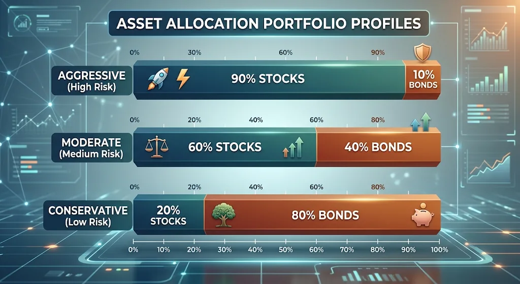 Bar chart comparing three sample portfolio profiles: an aggressive portfolio at 90% stocks and 10% bonds, a moderate portfolio at 60% stocks and 40% bonds, and a conservative portfolio at 20% stocks and 80% bonds.