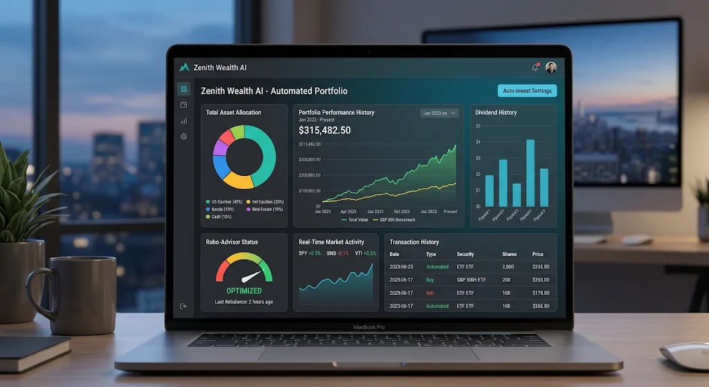 A laptop screen showing an ongoing automated-management dashboard that tracks total asset allocation, portfolio performance history, and dividend income.