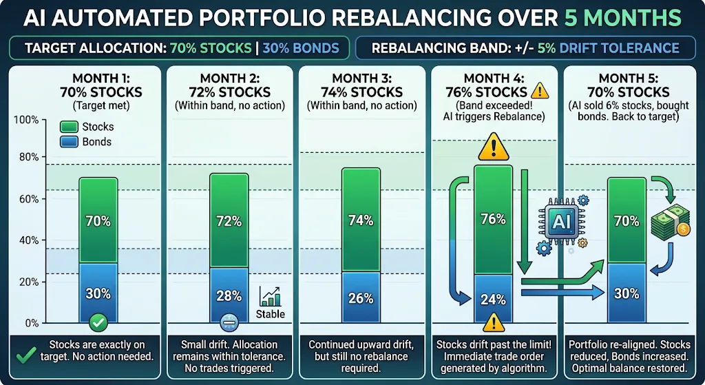 Illustration of an AI-automated portfolio rebalancing over five months with a 70% stocks / 30% bonds target and a plus-or-minus 5% drift tolerance. Stocks drift from 70% to 76% by month 4, triggering an automatic rebalance back to 70% stocks and 30% bonds in month 5.