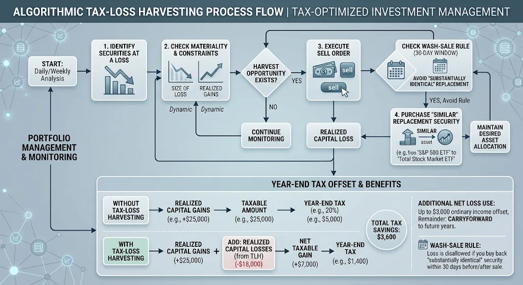 Flowchart showing the algorithmic tax-loss harvesting process: identify securities at a loss, check materiality and constraints, execute a sell order if a harvest opportunity exists, check the wash-sale rule, and purchase a similar replacement security to maintain the target asset allocation.