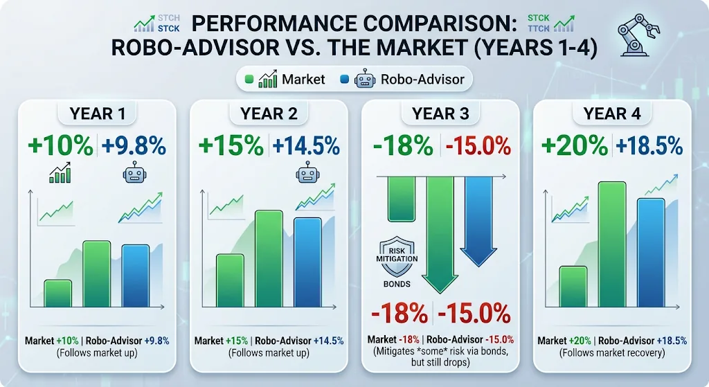 Four-panel chart comparing annual market returns with robo-advisor portfolio returns from Year 1 to Year 4: the robo-advisor tracks the market closely in both up years and down years, slightly underperforming in gains and slightly cushioning losses.
