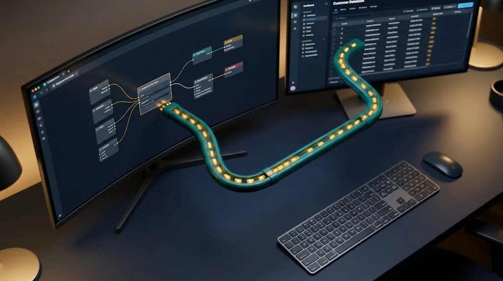Modern visual canvas showing connected workflow nodes with clean data routing paths