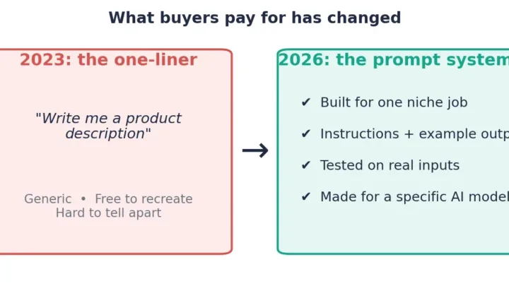 Before and after graphic comparing a generic 2023 one-line prompt with a 2026 niche prompt system
