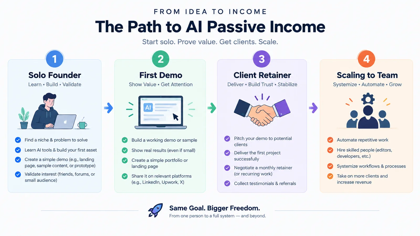 A four-step infographic titled 'The Path to AI Passive Income': Solo Founder, First Demo, Client Retainer, and Scaling to a Team, each with a short checklist.