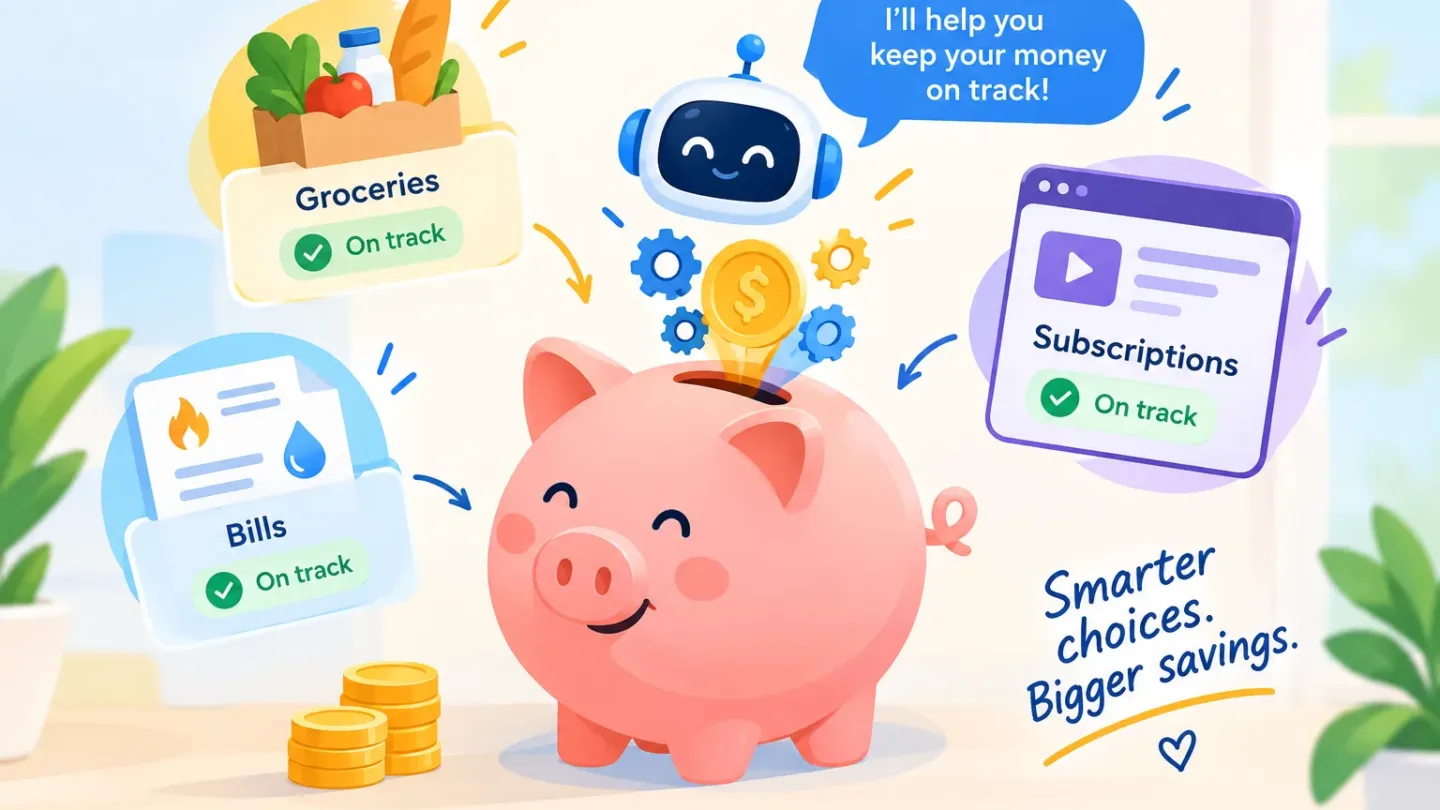 Illustration of a friendly robot and a piggy bank surrounded by groceries, bills and subscriptions marked on track