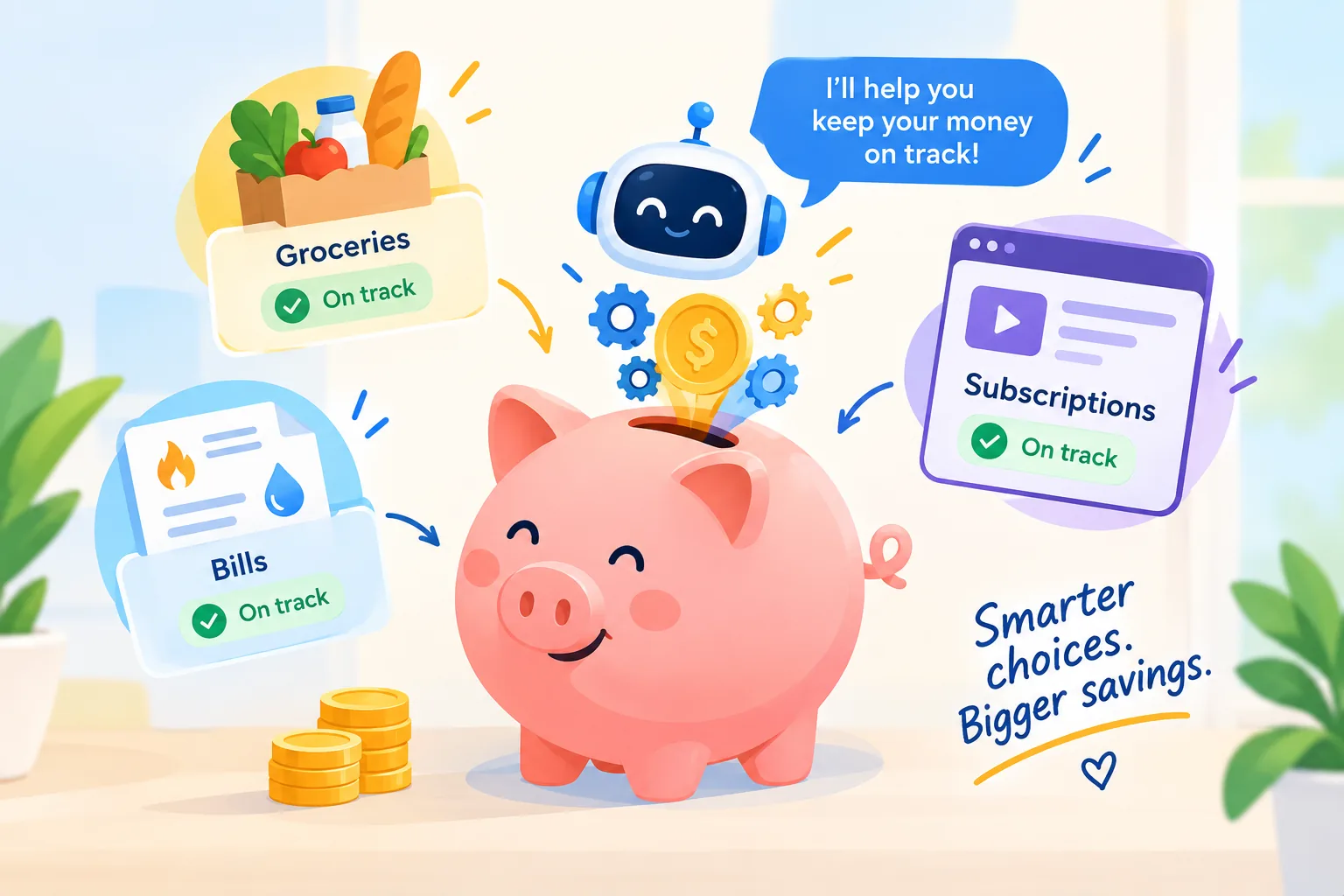 Illustration of a friendly robot and a piggy bank surrounded by groceries, bills and subscriptions marked on track