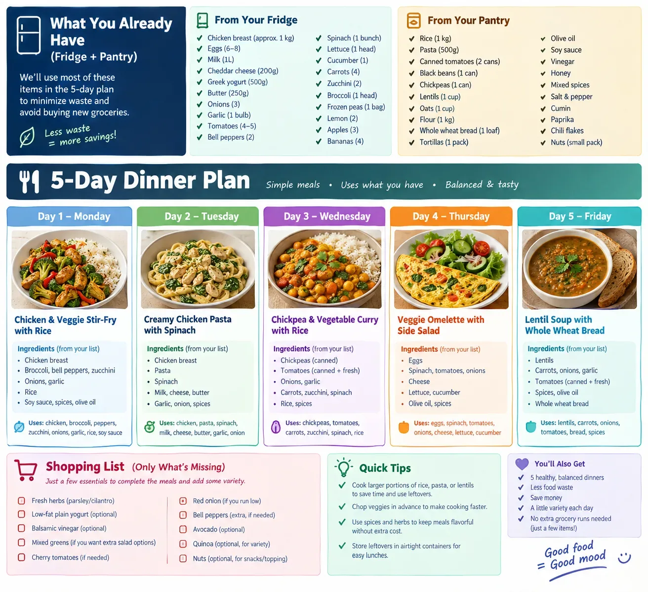 Five-day dinner plan built from fridge and pantry items, with a shopping list