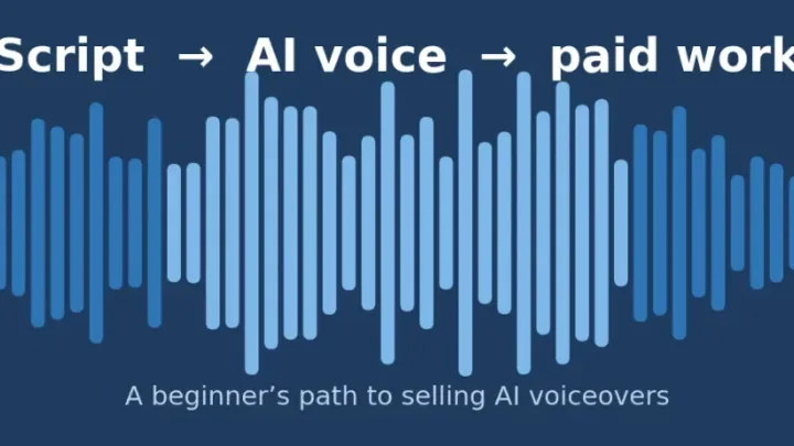 Sound wave graphic with the text: Script, AI voice, paid work.