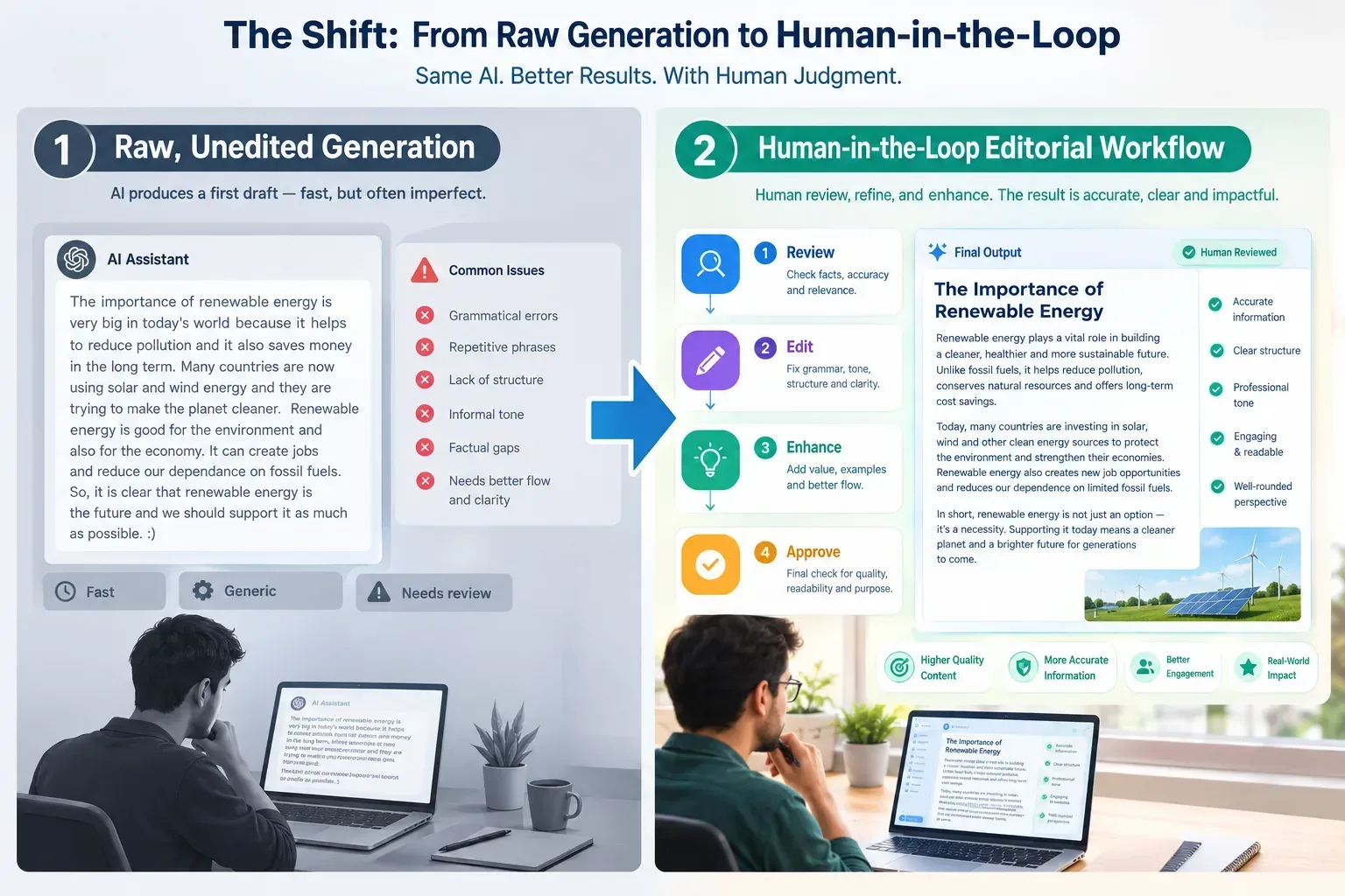 Figure 1: The shift from raw, unedited AI generation to a human-in-the-loop editorial workflow.