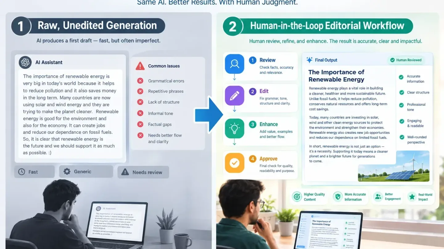 Figure 1: The shift from raw, unedited AI generation to a human-in-the-loop editorial workflow.