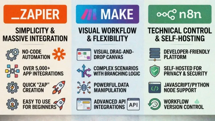 Side-by-side comparison of Zapier, Make and n8n strengths: simplicity, visual workflows and self-hosting control