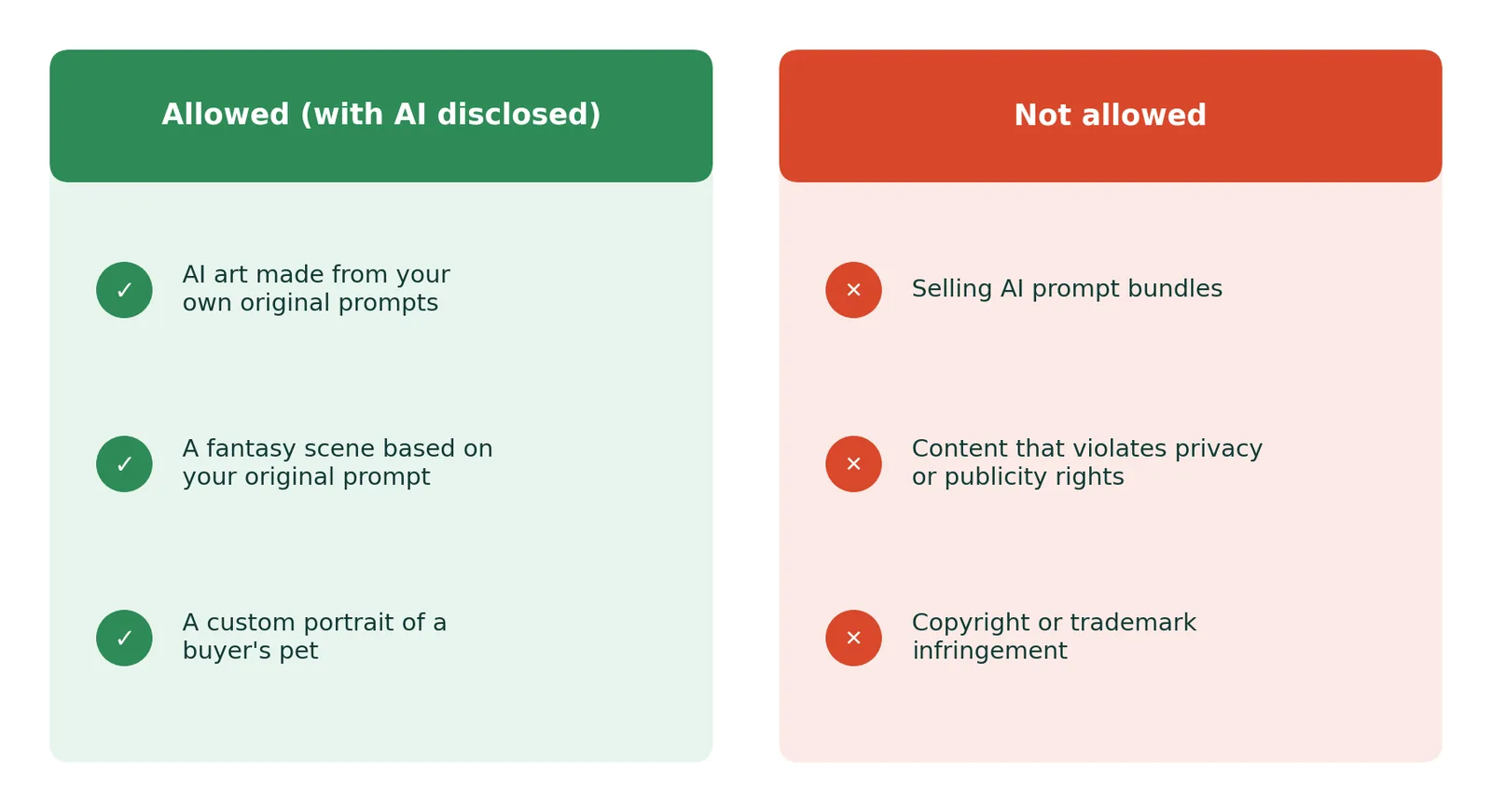 Two-column graphic: allowed items are AI art from your own original prompts, a fantasy scene from an original prompt, and a custom pet portrait, all with AI disclosed; not allowed are selling AI prompt bundles, content that violates privacy or publicity rights, and copyright or trademark infringement.
