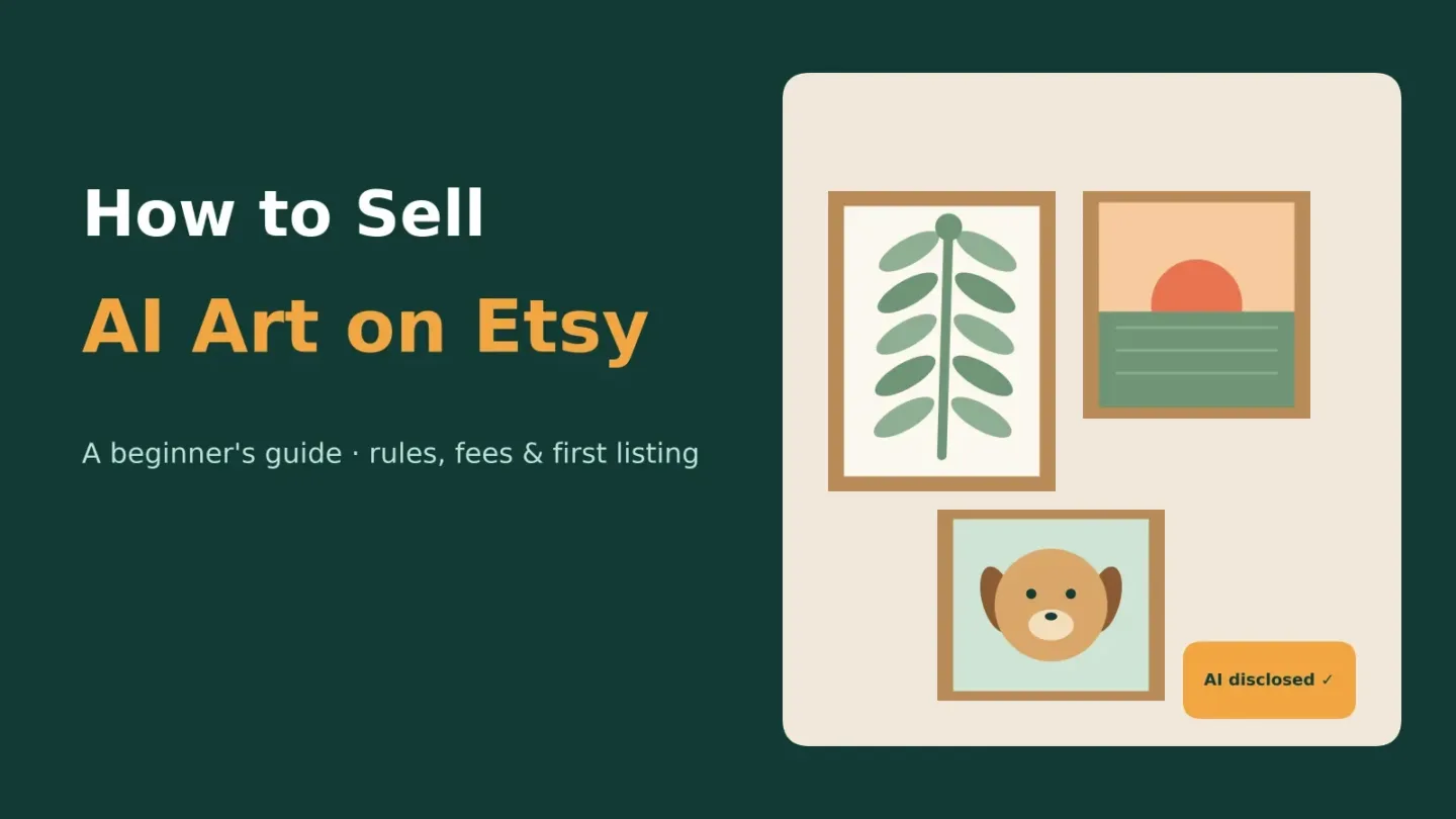 Dark green banner reading "How to Sell AI Art on Etsy" beside three framed artworks: a botanical print, a sunset and a pet portrait.