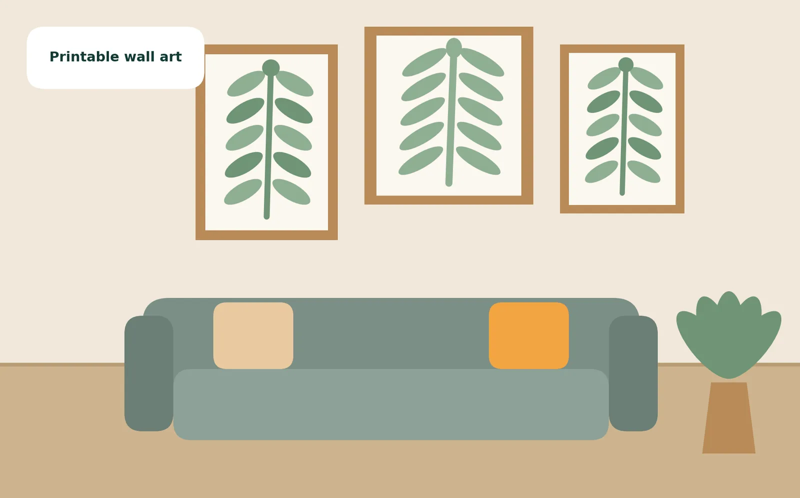 Illustration of three framed sage-green botanical prints on a living room wall above a gray-green sofa, with a plant beside it and a badge reading Printable wall art.