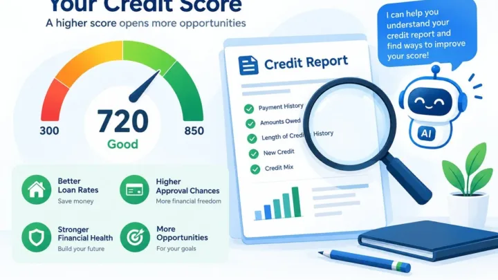 Illustration of a credit score gauge showing 720 labeled Good, next to a credit report with a magnifying glass and a friendly AI assistant.