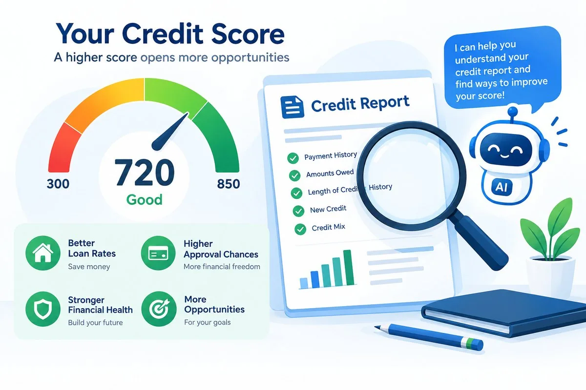 Illustration of a credit score gauge showing 720 labeled Good, next to a credit report with a magnifying glass and a friendly AI assistant.
