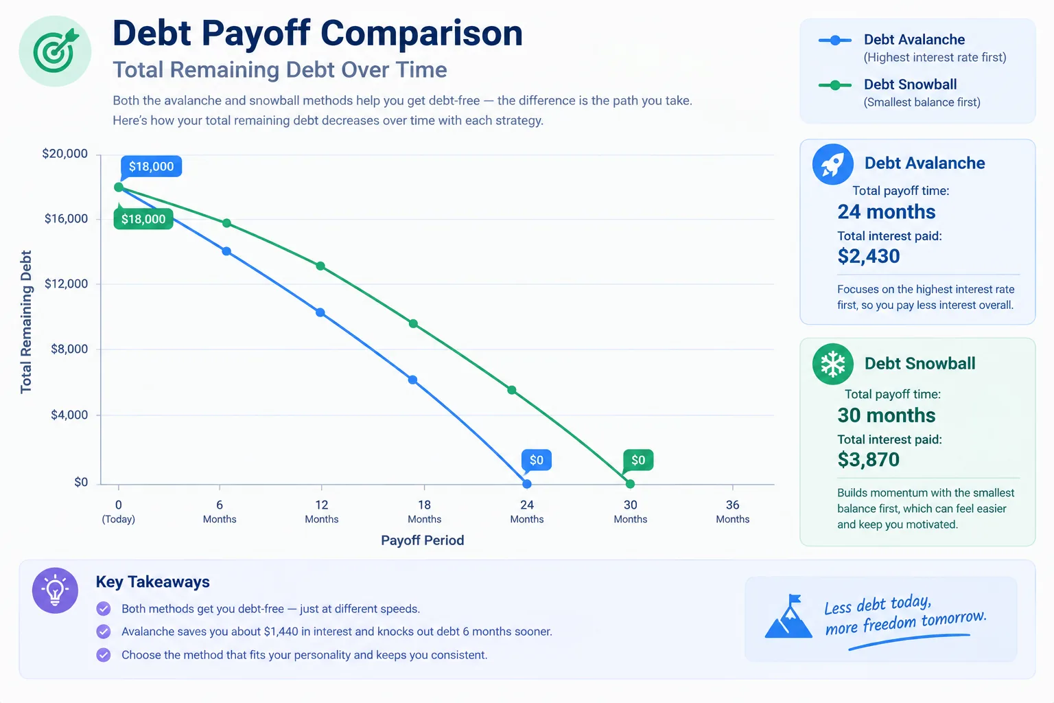 An illustrative comparison of avalanche versus snowball payoff timelines — example numbers only, not a projection of your own results.