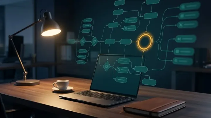 Editorial digital workspace showing an autonomous AI agent interface analyzing operational data