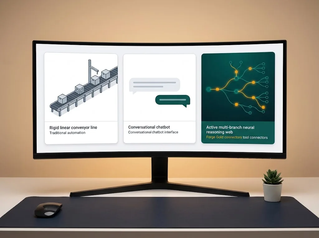 Comparison visual displaying traditional automation, conversational chatbots, and autonomous AI agents